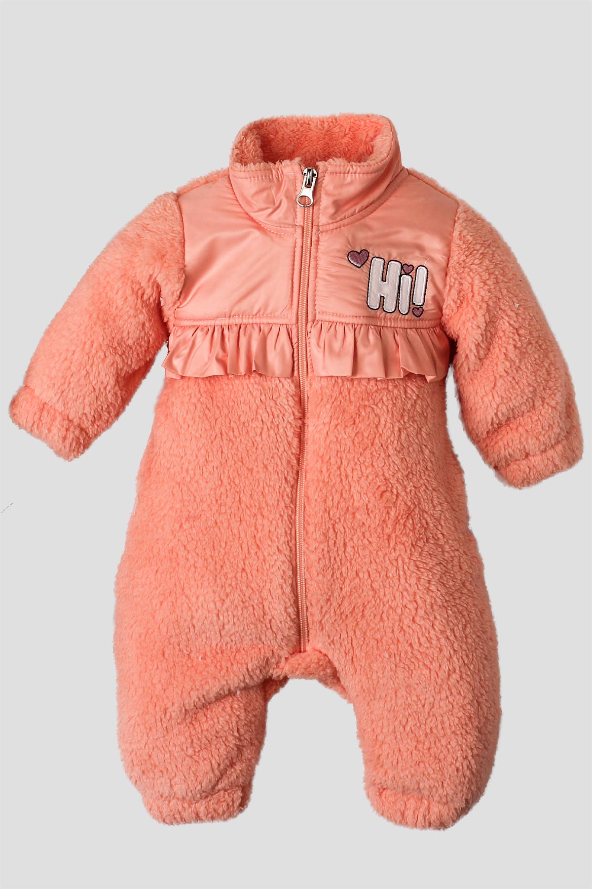 Peluş Fırfırlı Fermuarlı Kız Bebek Tulum Hi Yazılı 0-12 Ay